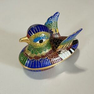 Cloisonné' Enamel Brass Duck Figure Trinket Box Vintage Excellent
